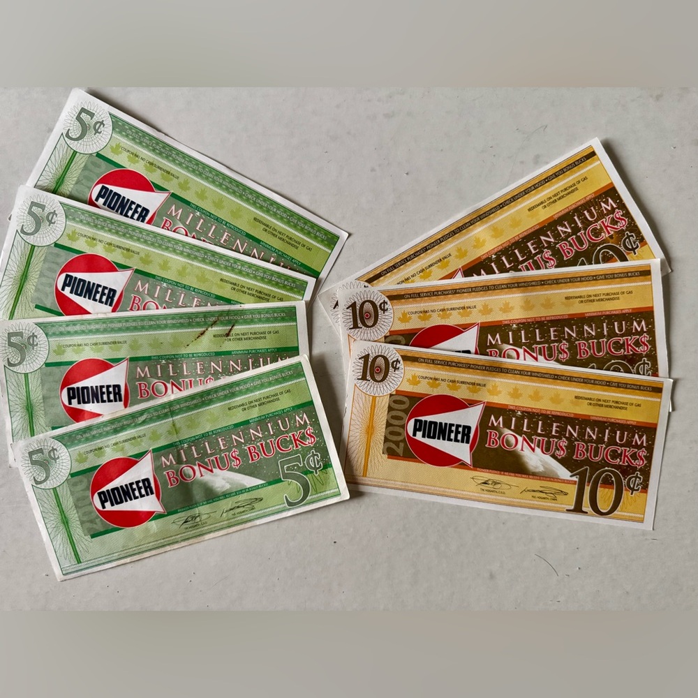 2/$10* Pioneer Gas Station 5c 10c Millennium Bonus Bucks Coupons Y2K Year 2000